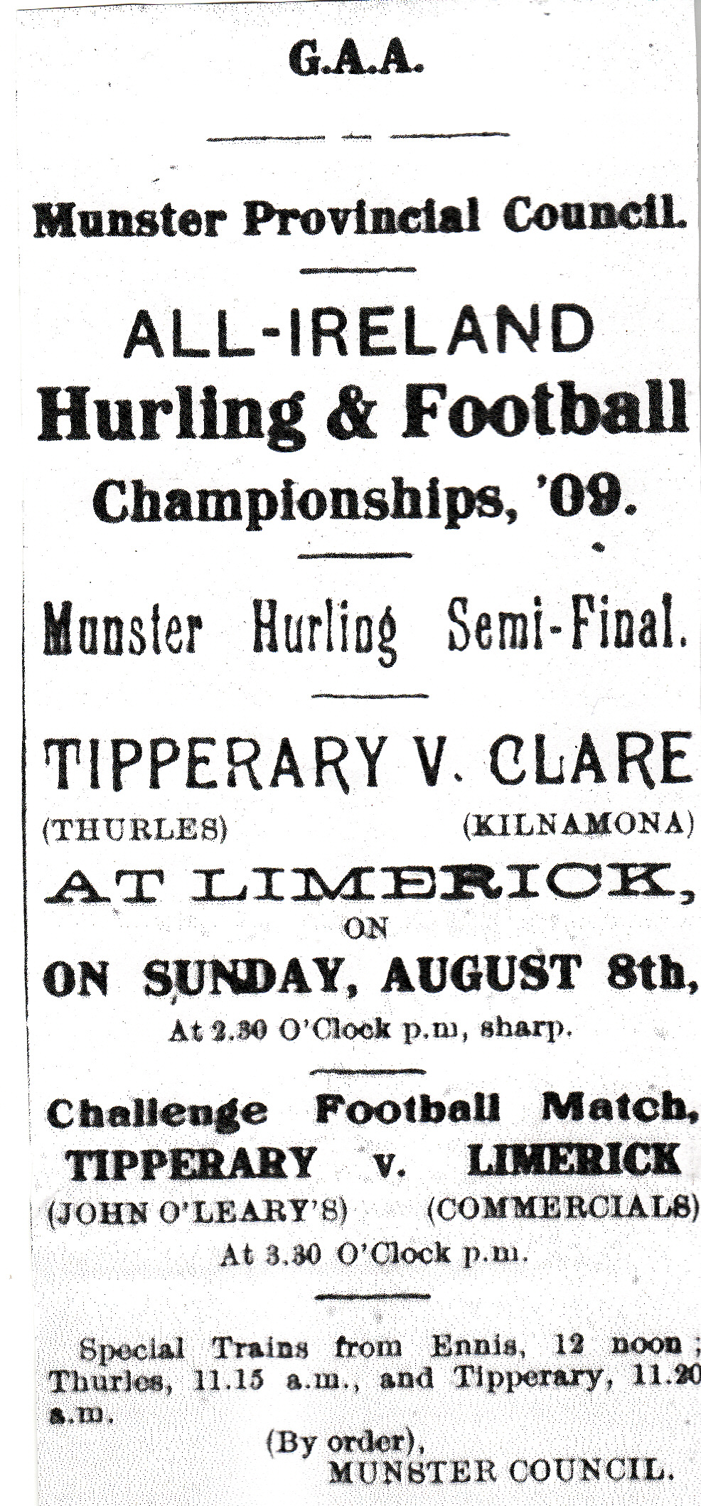 Clare vs Tipperary Advert 1909 Clare vs Tipperary Advert 1909